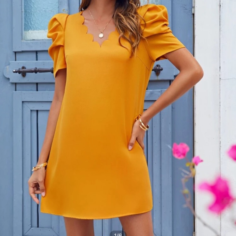 Puff Sleeve Scallop Trim Tunic Dress